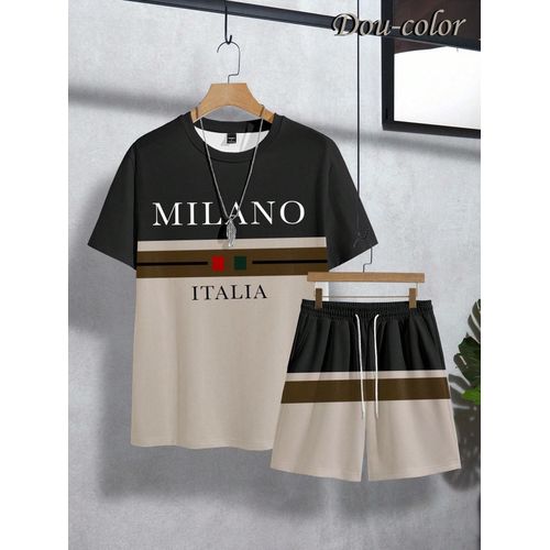 Dou-color Men's 2-in-1 short sleeved T-shirt and shorts set - brown black
