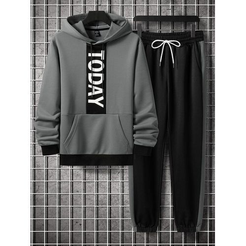 Print Hoodie & Jogger Track Suite - Grey & Black