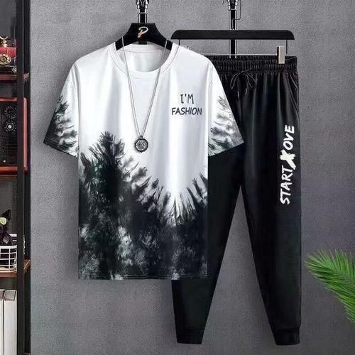 Dou-color Men's 2-in-1 Short Sleeved T-shirt And Pants Set - Black